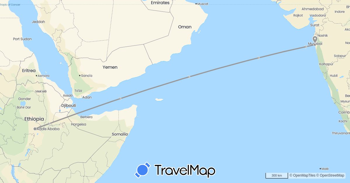 TravelMap itinerary: driving, plane in Ethiopia, India (Africa, Asia)